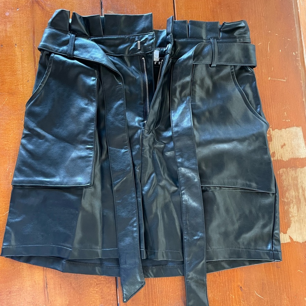 Black Faux Leather Belted Skirt